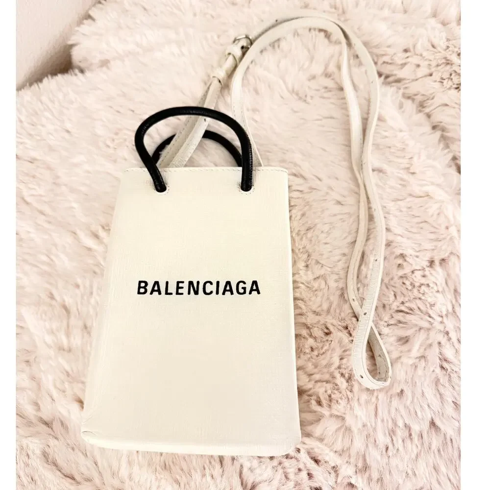 BALENCIAGA‎ Shoulder Bag Phone Holder 593826 Crossbody Calfskin White Runway - Picture 5 of 11